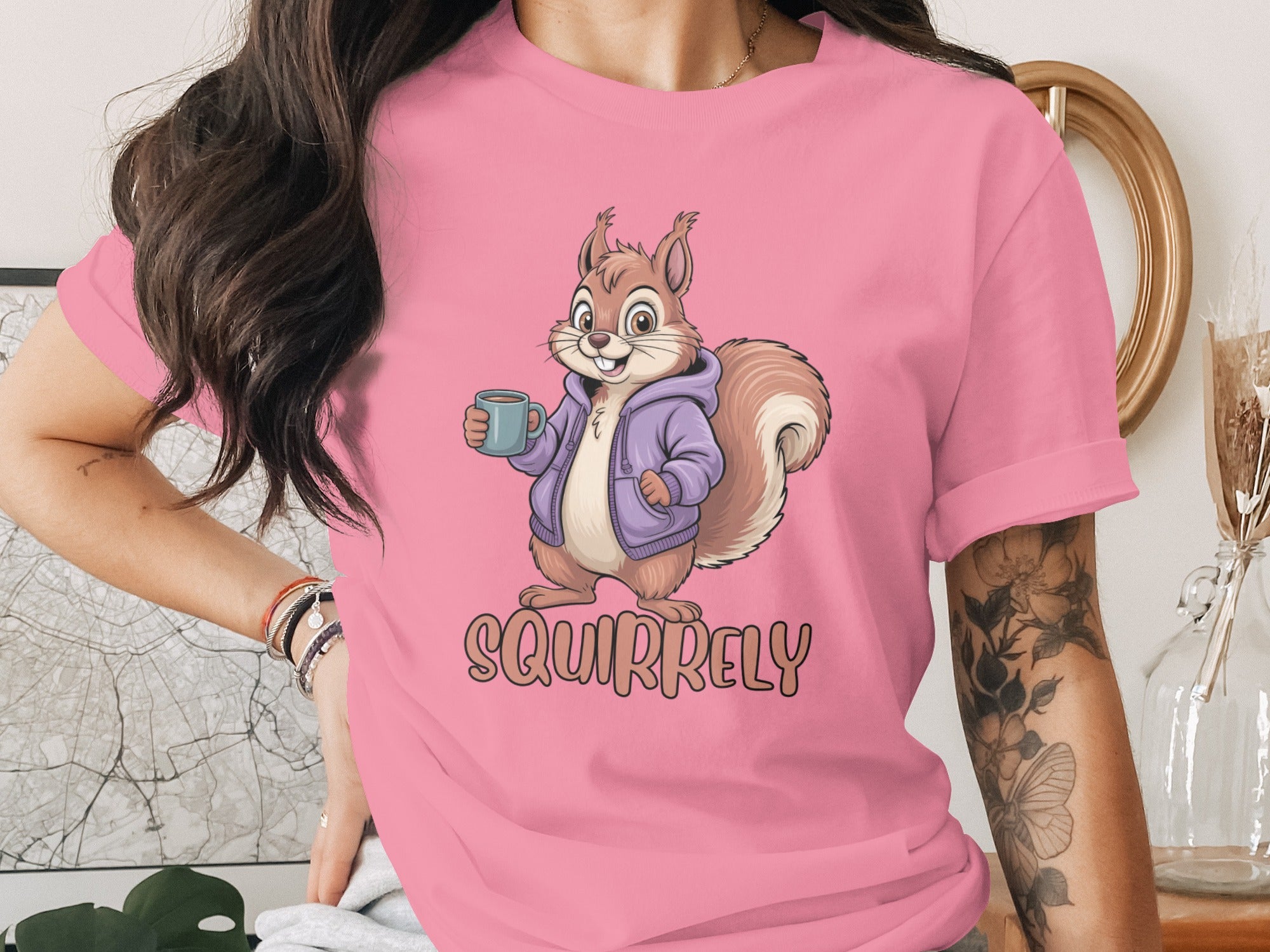 Pink Shirt with Cartoon Squirrel Design for Women