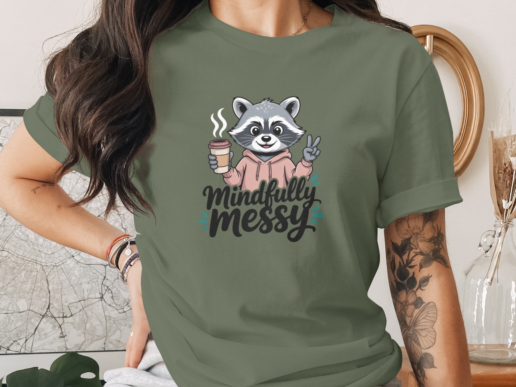 Mindfully Messy Graphic Tee with Cute Raccoon Design