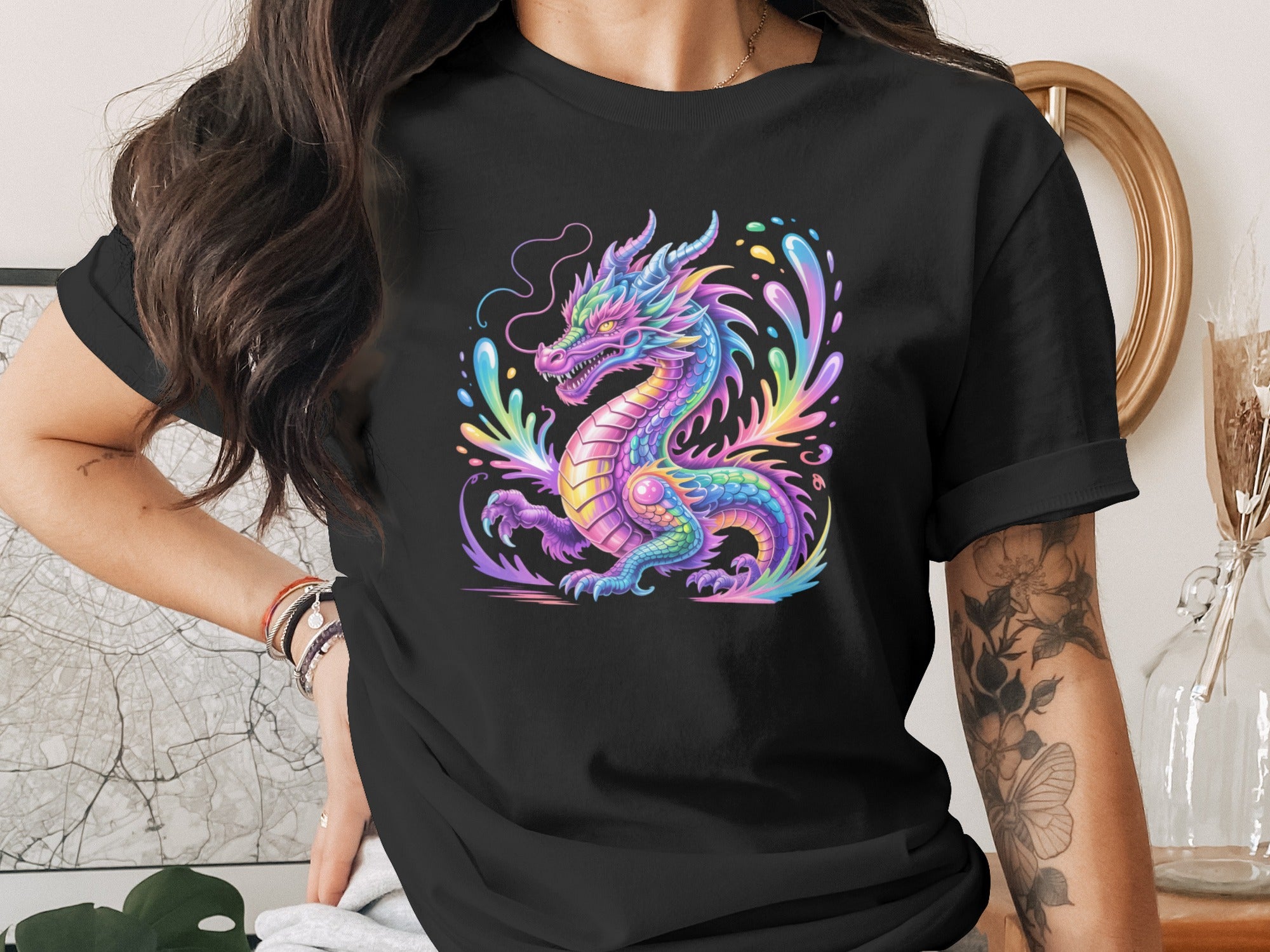 Colorful Dragon Graphic Printed Casual Tee Shirt