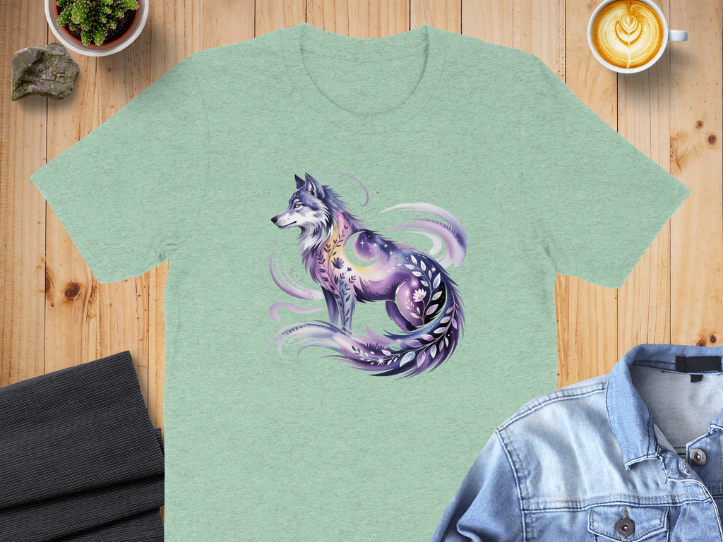 Mystical Purple Wolf Design on Light Green T-shirt
