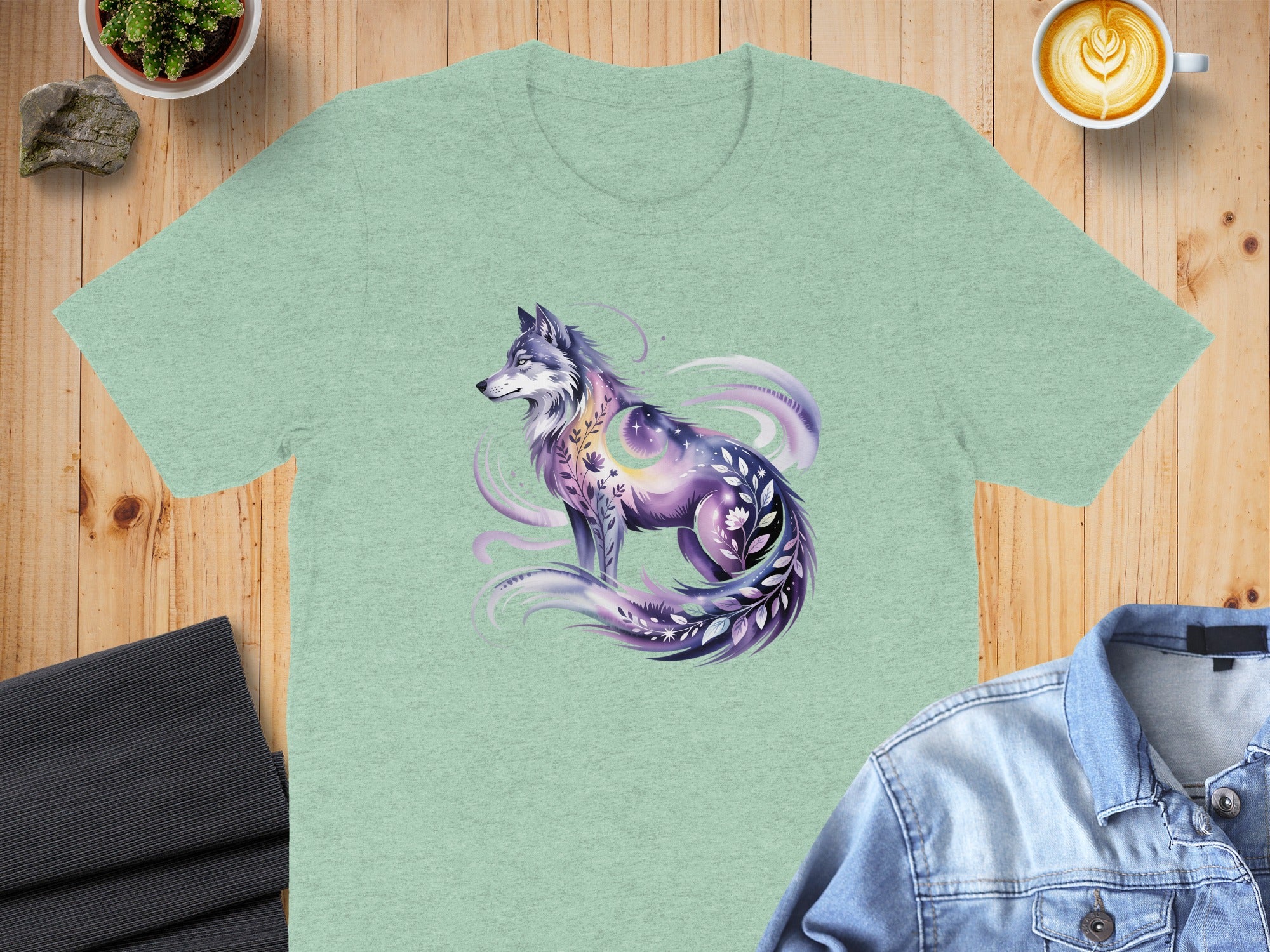 Mystical Purple Wolf Design on Light Green T-shirt