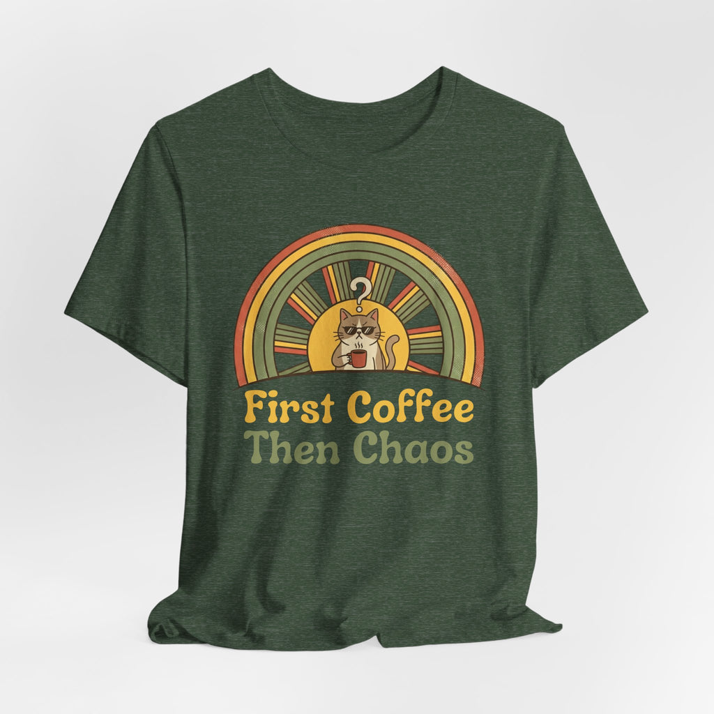First Coffee Then Chaos Cat Coffee Retro T-Shirt - WrinkledHippie