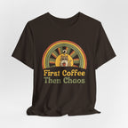 First Coffee Then Chaos Cat Coffee Retro T-Shirt - WrinkledHippie