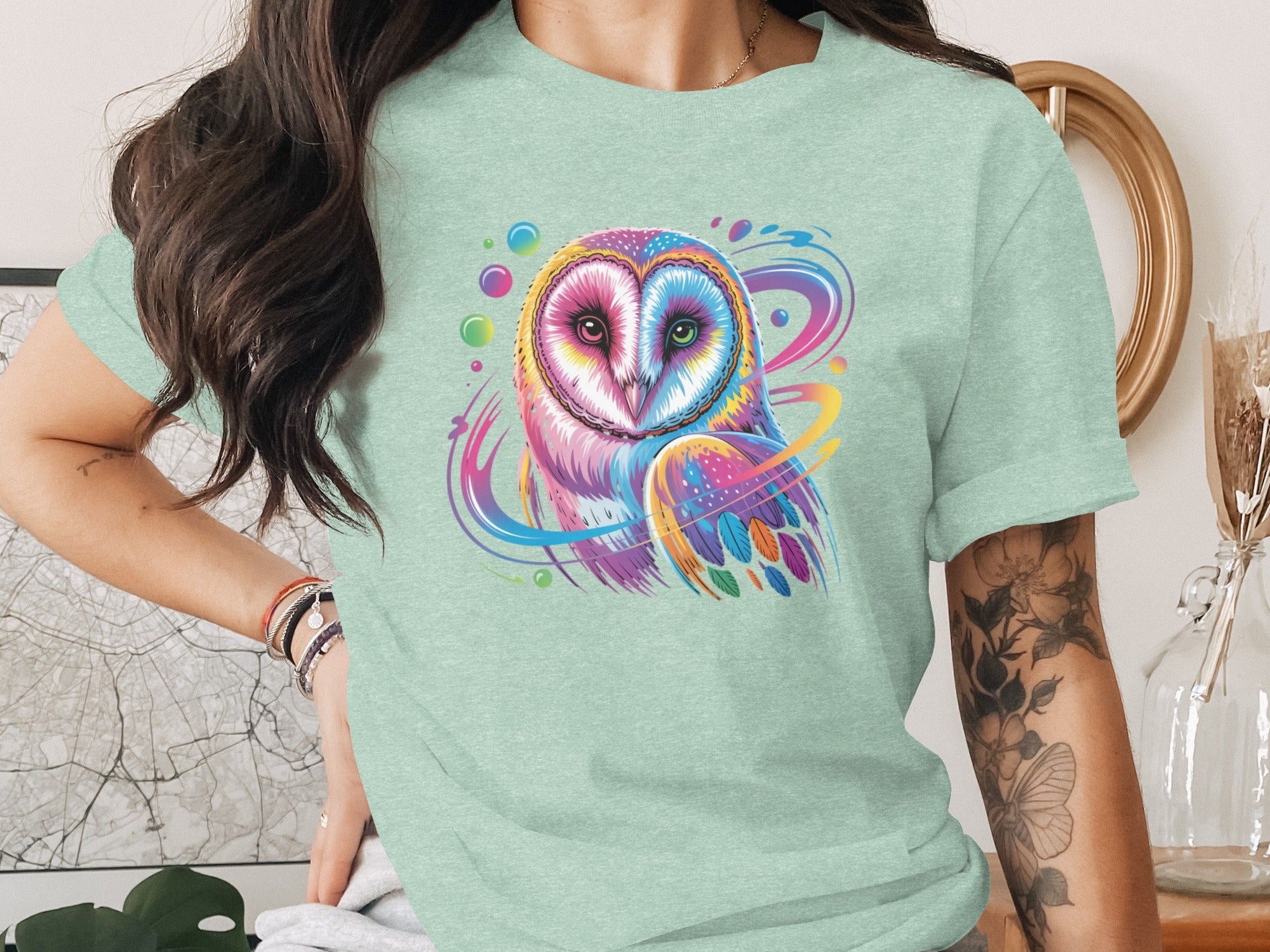 Colorful Owl Graphic T-Shirt with Abstract Design