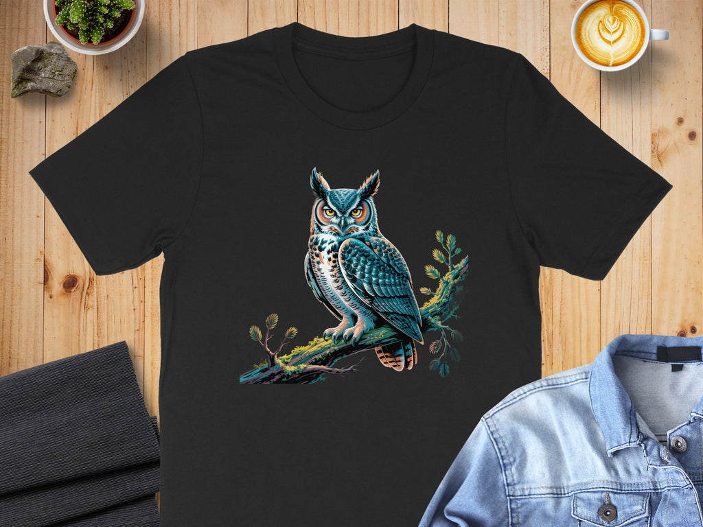 Majestic Owl Graphic Design on Black T-Shirt