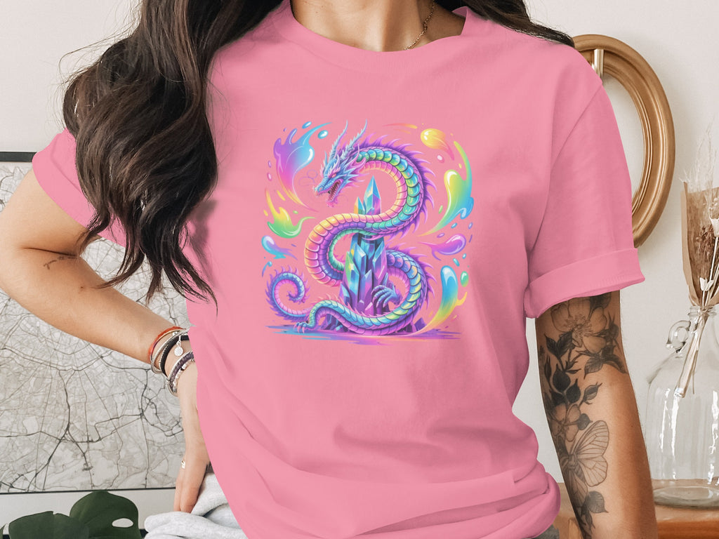 Vibrant Multicolor Dragon Design on Pink T-Shirt