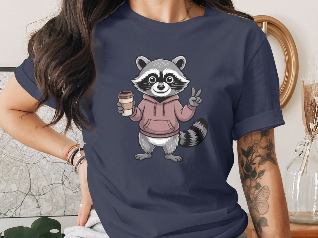 Adorable Raccoon Holding Coffee Peace Sign Shirt