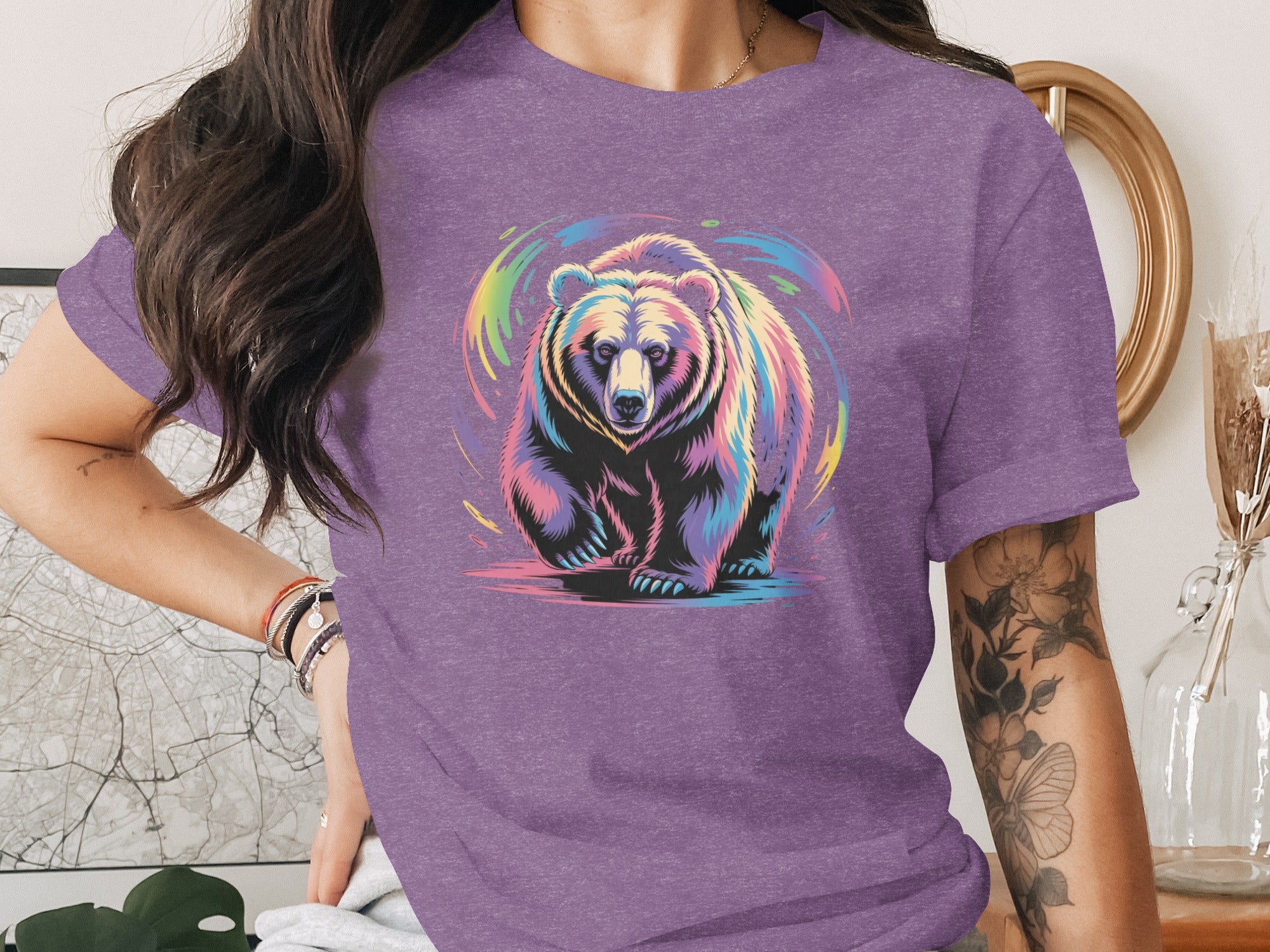 Vivid Colorful Bear Graphic on Purple T-Shirt Product