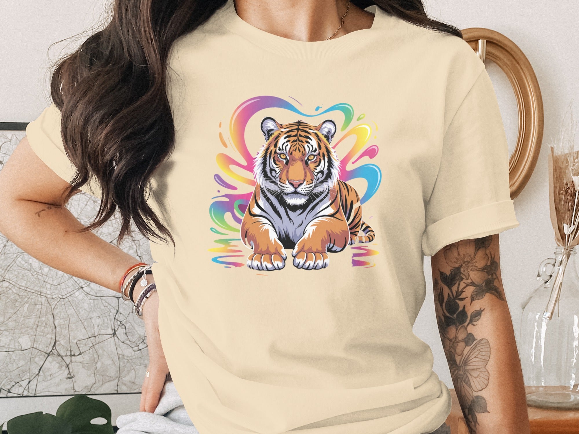 Colorful Tiger Print Graphic on Women's T-Shirt