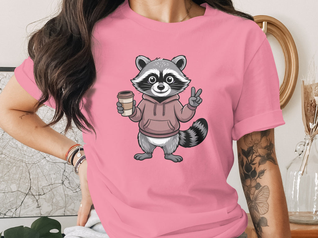 Cute Raccoon in Hoodie Drinking Coffee T-shirt