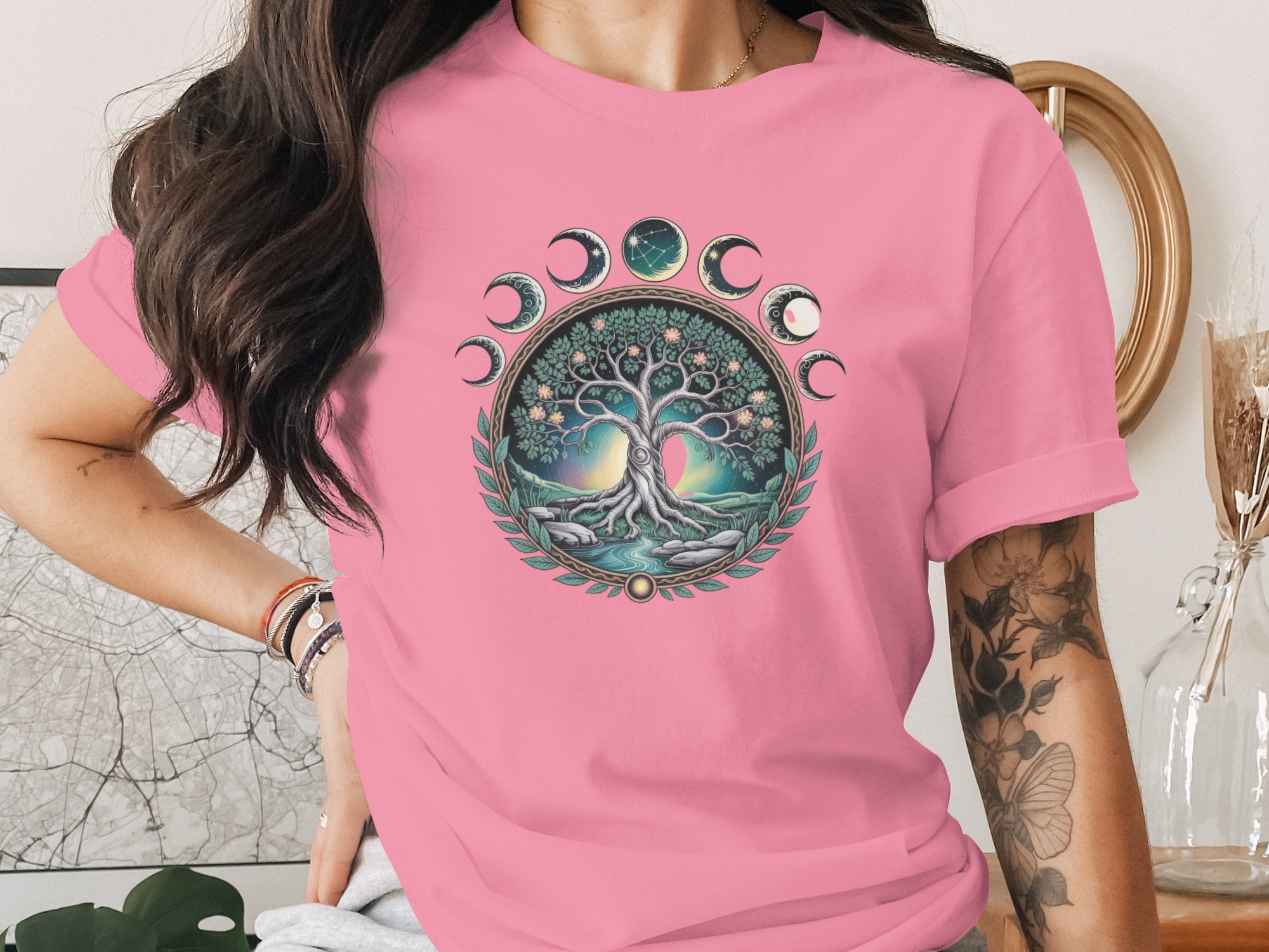 Moon Phases Tree of Life Graphic Pink T-Shirt