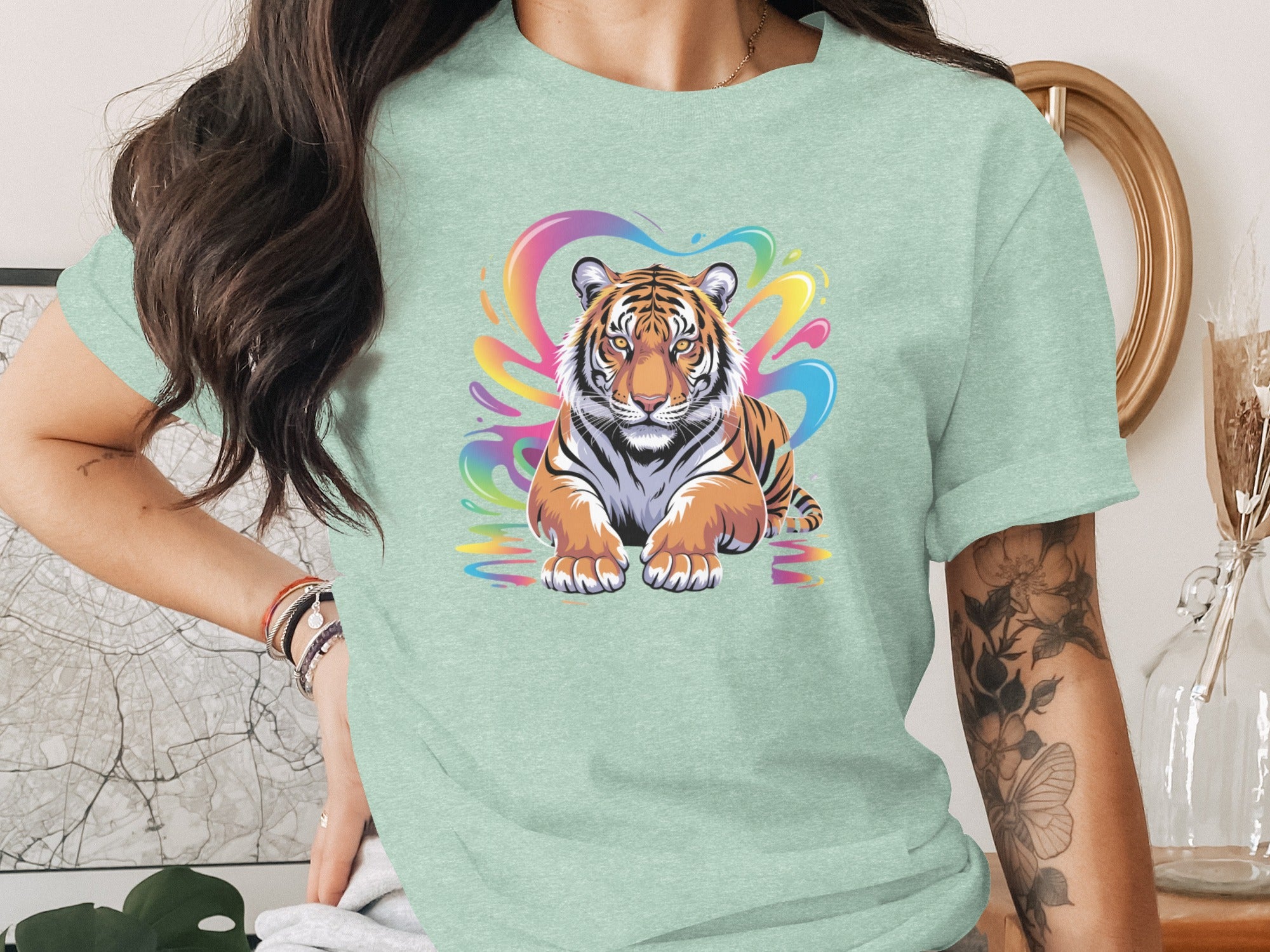 Colorful Tiger Illustration on Green T-Shirt Product