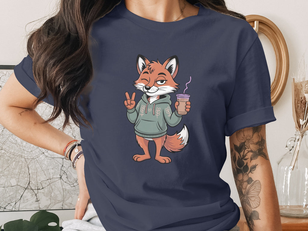 Cute Fox Drinking Coffee Graphic Tee for Casual Wear