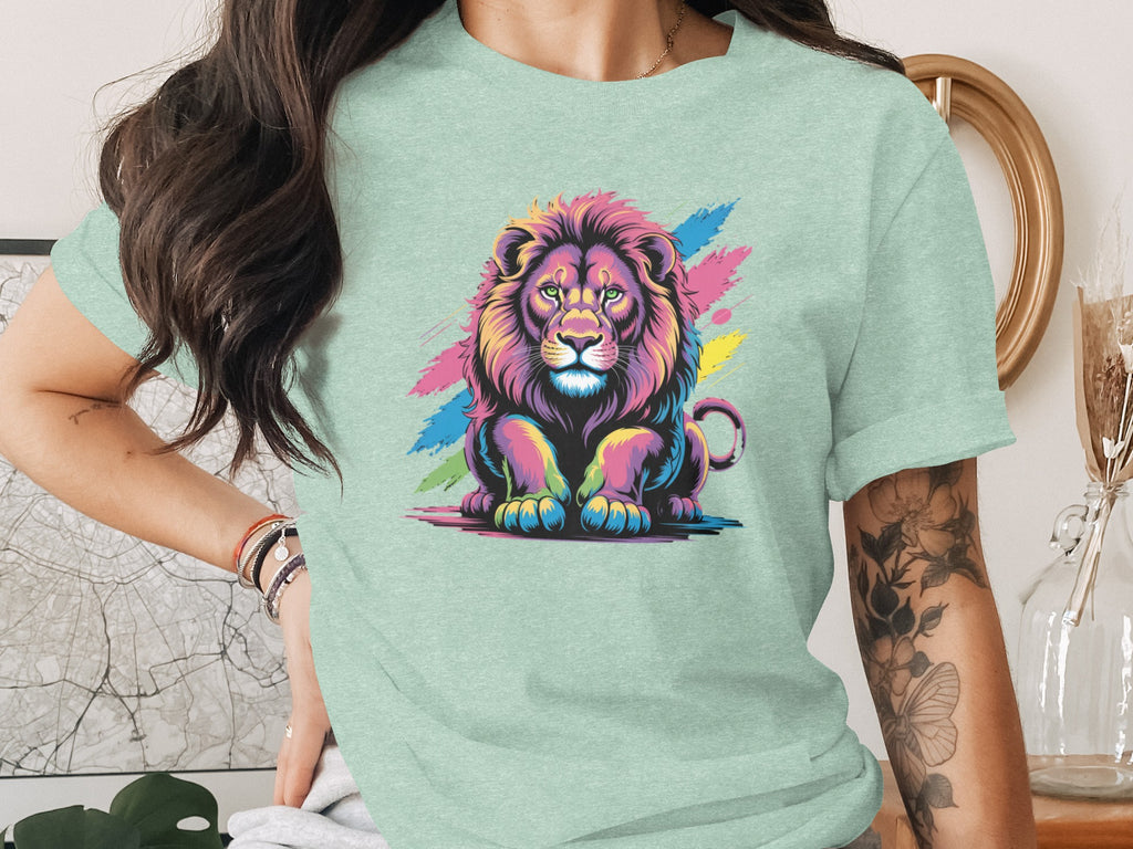 Colorful Lion Artwork on Light Green Women's Shirt