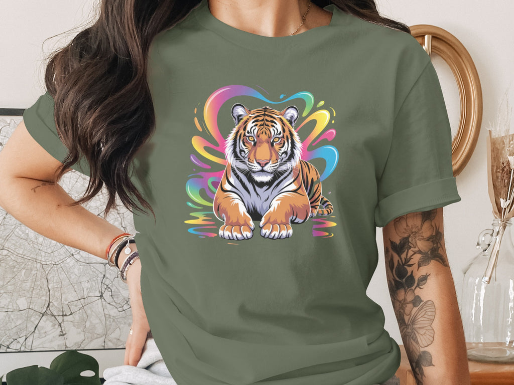 Colorful Vibrant Tiger Print on Relaxed Fit T-Shirt