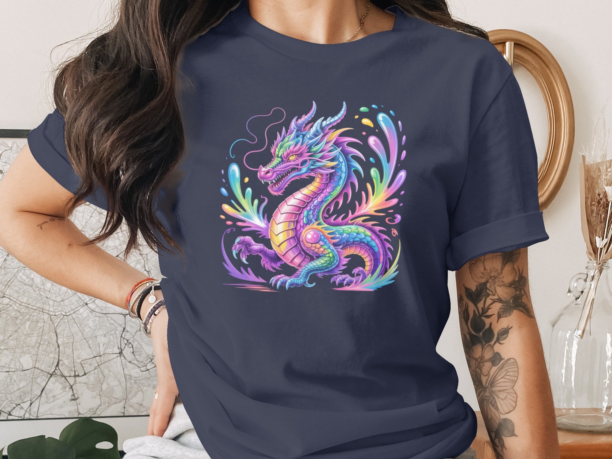 Colorful Dragon Artwork on Navy Blue T-shirt