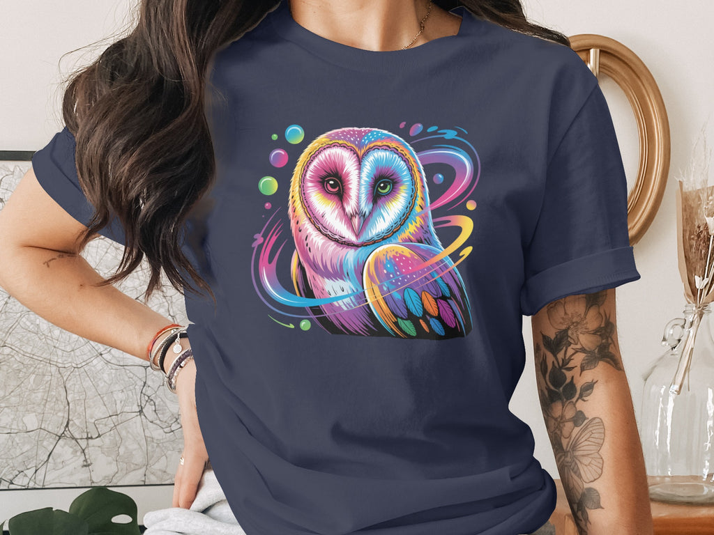 Colorful Owl Graphic Design on Navy Blue Shirt