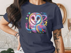 Colorful Owl Graphic Design on Navy Blue Shirt