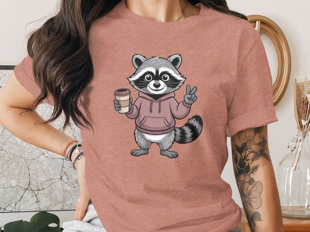 Adorable Raccoon Holding Coffee Cartoon T-Shirt