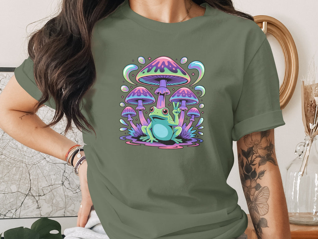 Frog Peace Sign with Mushrooms Graphic T-shirt
