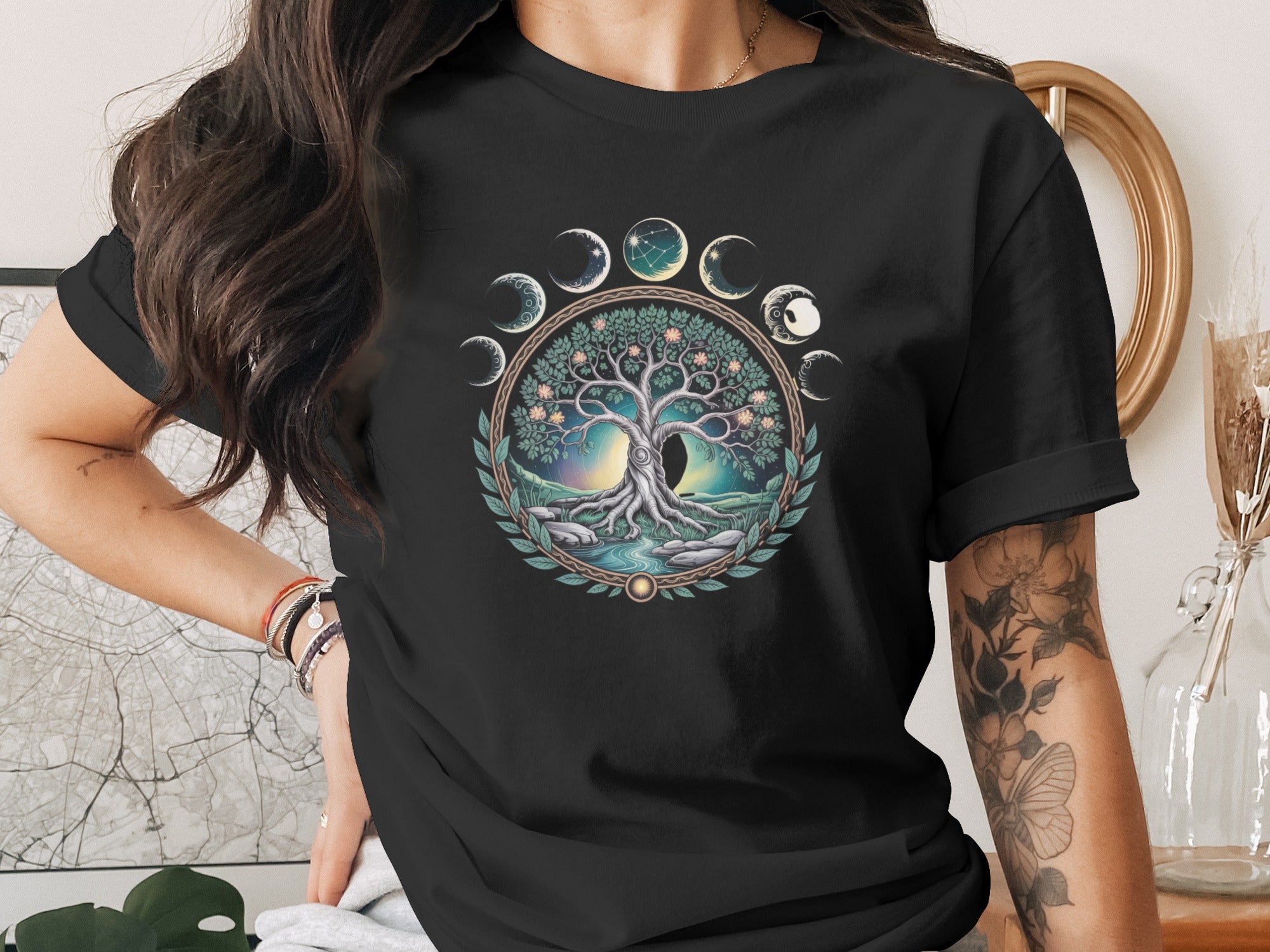 Moon Phases and Sacred Tree Graphic T-shirt