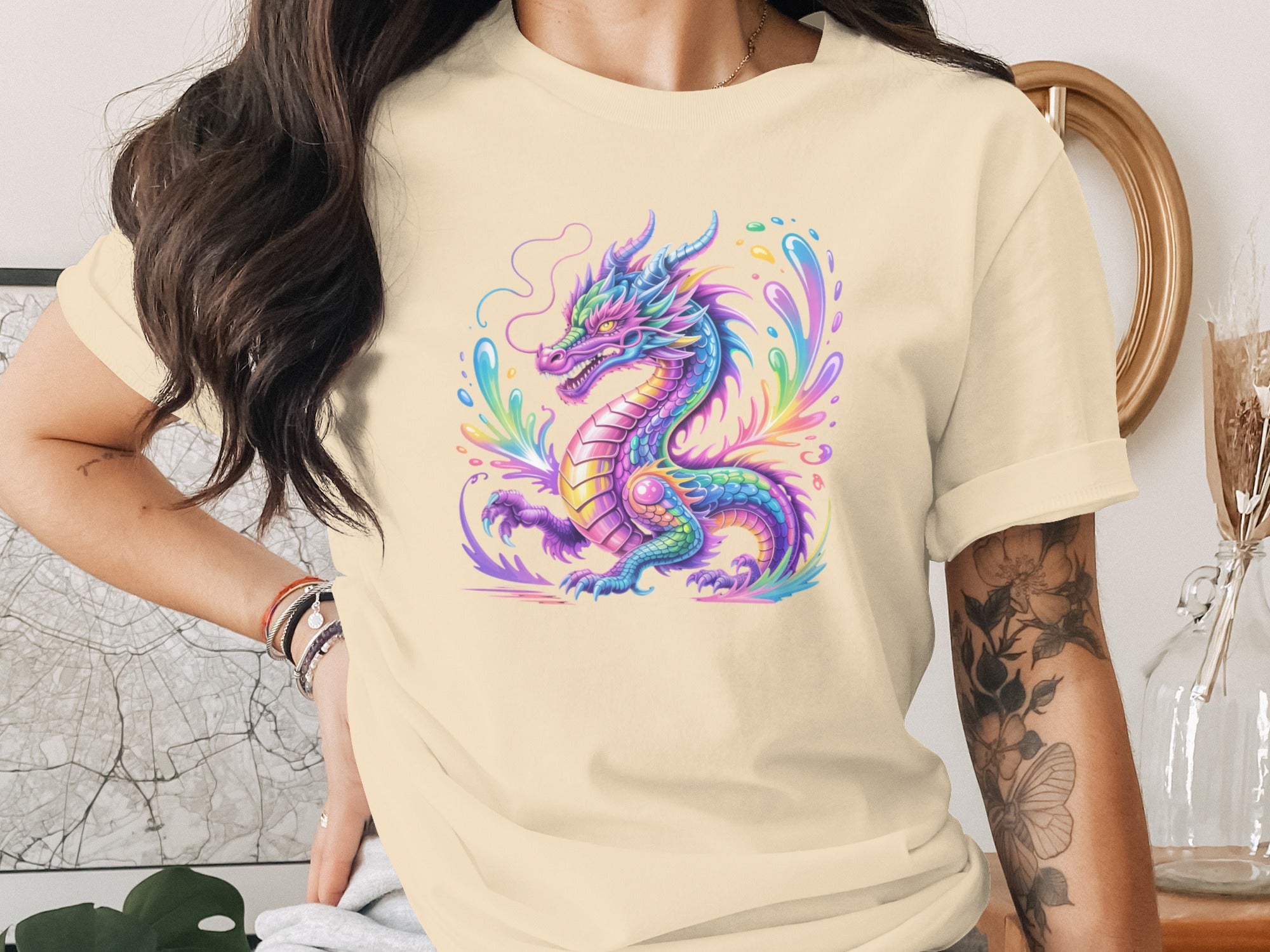 Colorful Dragon Graphic on Light Cream T-shirt