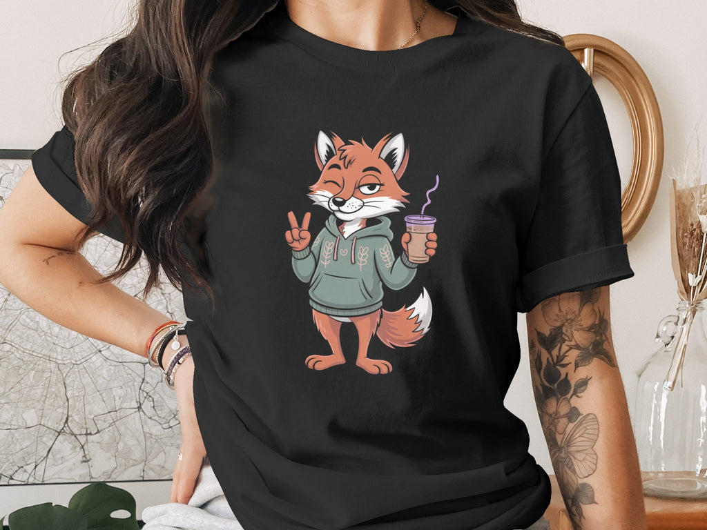 Fox Character with Coffee and Peace Sign Shirt