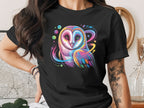 Vibrant Neon Owl Design on Black T-shirt
