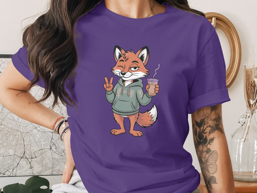 Cute Peaceful Fox with Coffee Casual T-shirt Design