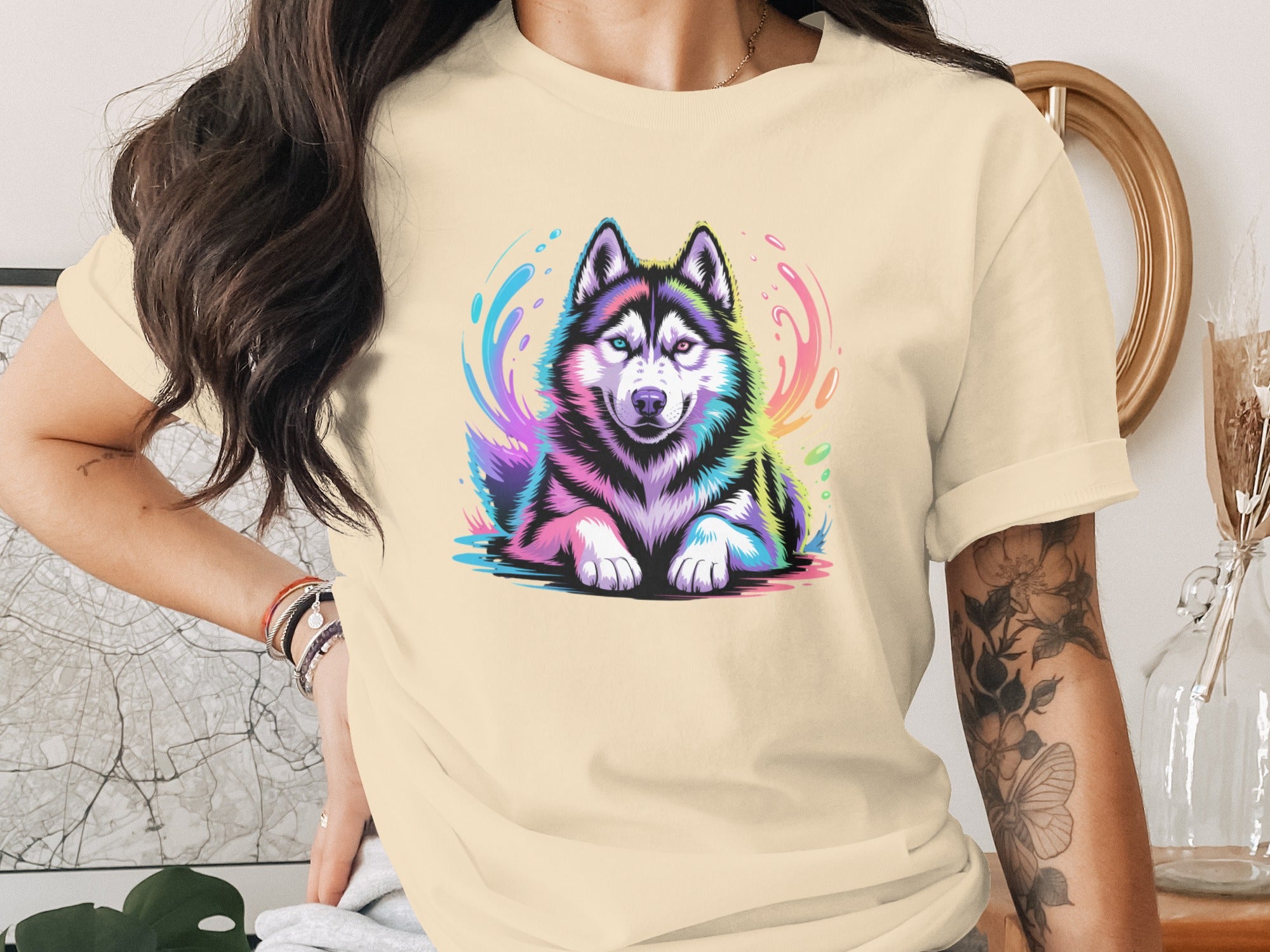 Colorful Husky Dog Graphic Design T-shirt for Fans