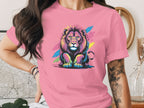 Colorful Lion Graphic on Pink T-Shirt Design