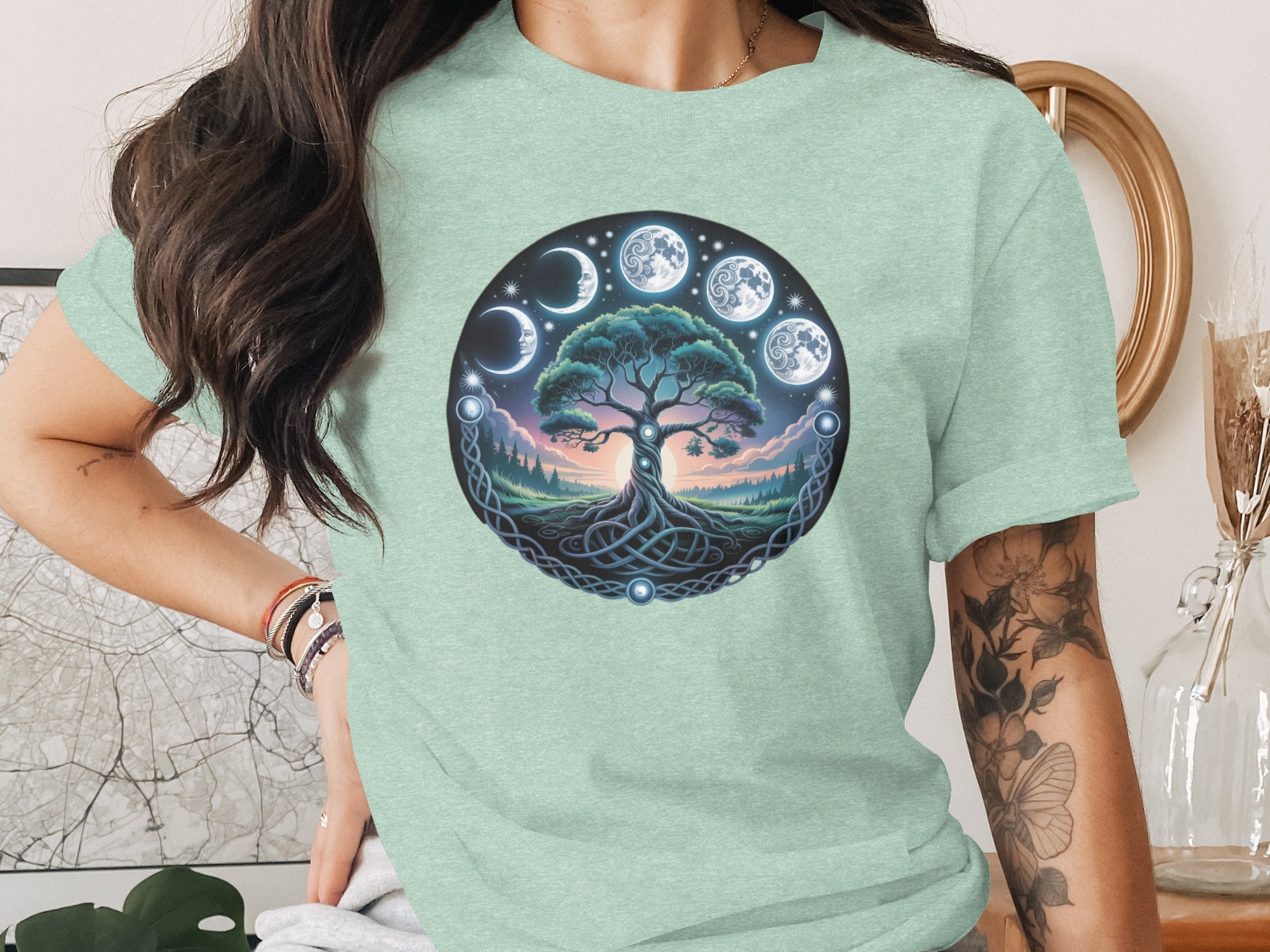 Mystical Tree and Moon Phases Graphic T-shirt